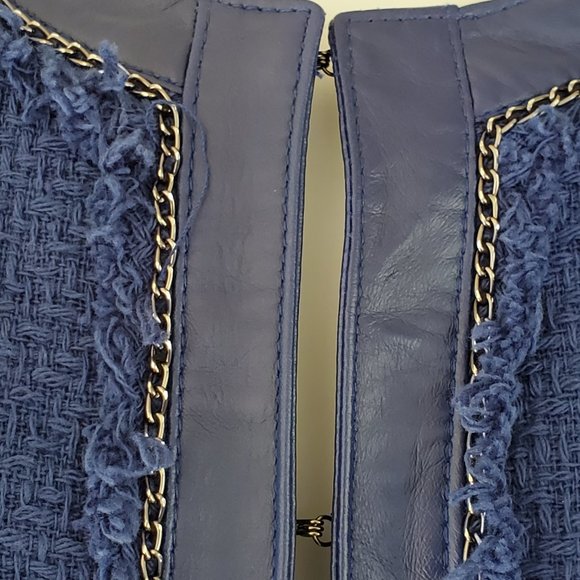 Saks Fifth Avenue Women's M Blue Leather Trim Cotton Waffle Weave Lined Jacket - Picture 7 of 12